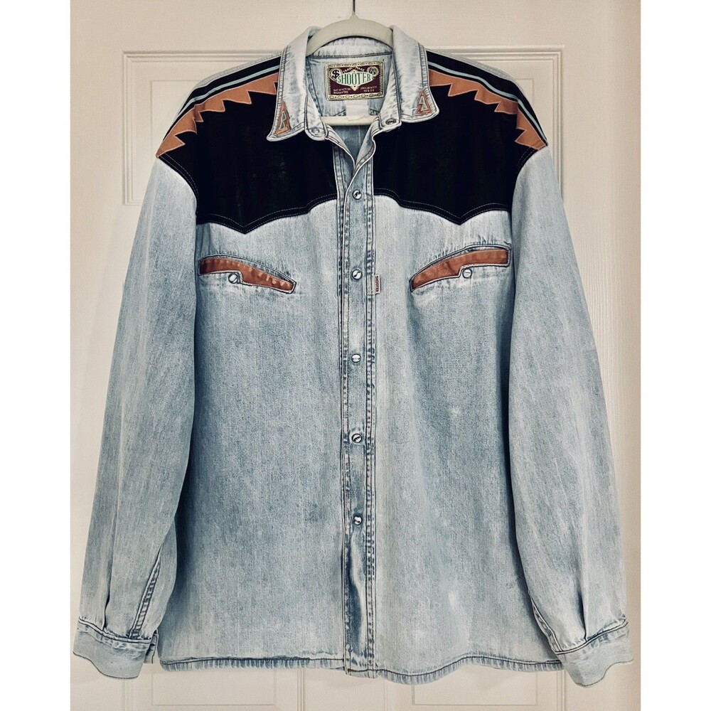 VTG  Shooter Denim Shirt Mens XL Western Leather Yoke Pearl Snap 90s Workwear